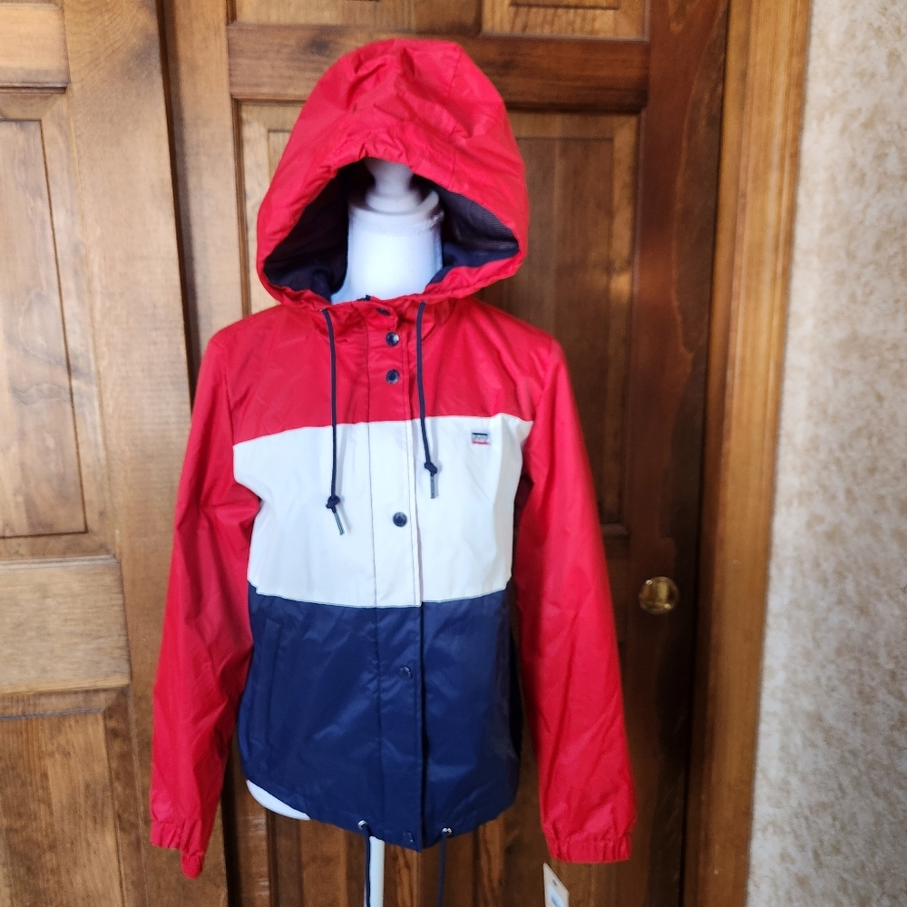 Levi's Women's Retro Hooded Rain Windbreaker Jacket red white blue sz Small NWT